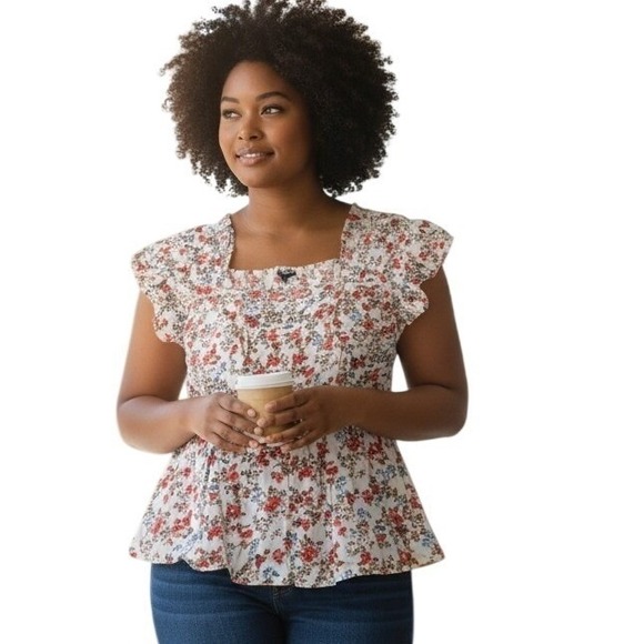 torrid Tops - Torrid Floral Flutter‎ Sleeve Square Neck Button Front Blouse White Red Blue 0 L